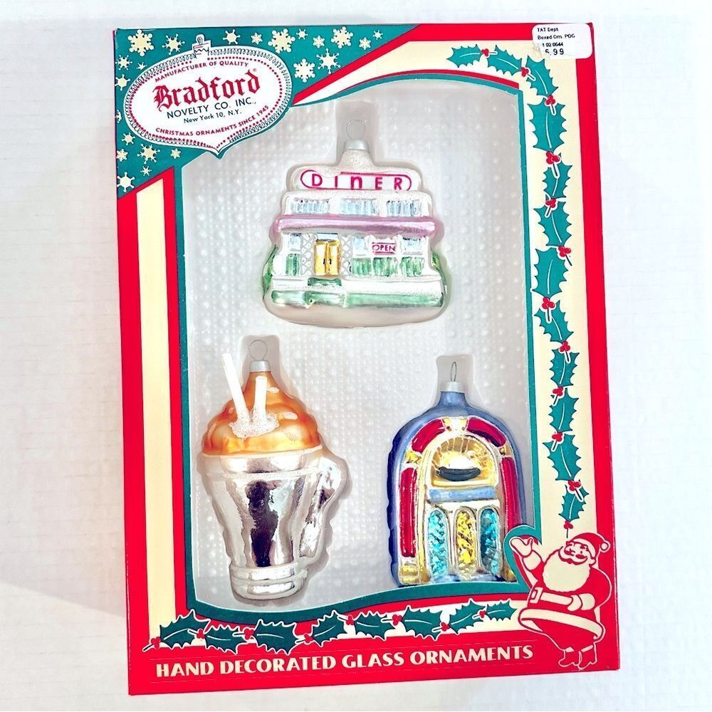 Bradford Novelty‎ Glass Christmas Retro Ornaments Diner Milkshake Jukebox Box